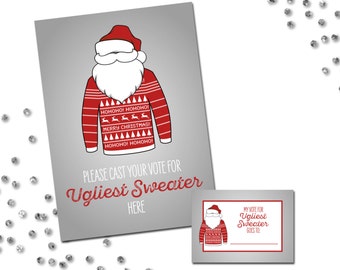 Ugly Sweater Party Voting Sign and Cards - Ugly Sweater Holiday Party - Santa Sweater - Red Grey White  - INSTANT DOWNLOAD - Printable