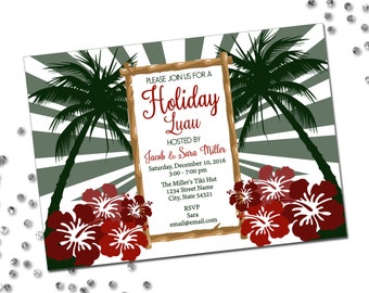 Holiday Luau Invitation - Luau Holiday Invite - Christmas Luau - Holiday Party - Lights Palm Trees - Red Green White - Printable