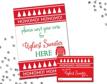 Ugly Sweater Party Voting Sign and Cards - Ugly Sweater Holiday Party - Ugly Sweater Pattern - Red and White - INSTANT DOWNLOAD - Printable