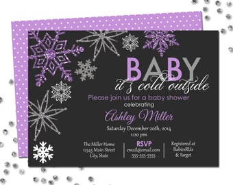 Baby It's Cold Outside Baby Shower Invitation - Winter Baby Shower - Glittered Snowflakes - Purple Grey - BACKSIDE INCLUDED - Printable