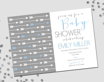 Arrow Baby Shower Invitation - Arrow Baby Shower - Modern Baby Shower - Light Blue White and Grey - Printable