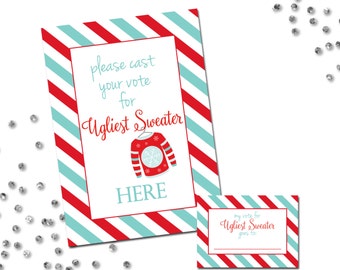 Ugly Sweater Party Voting Sign and Cards - Ugly Sweater - Stripes - Red Blue and White - INSTANT DOWNLOAD - Printable