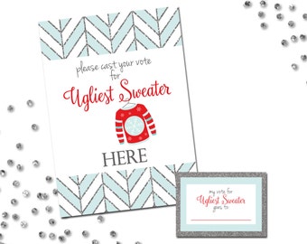 Ugly Sweater Party Voting Sign and Cards - Ugly Sweater - Herringbone - Blue Red Grey and Silver - INSTANT DOWNLOAD -  Printable