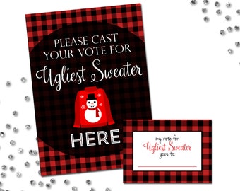 Ugly Sweater Party Voting Sign and Cards - Ugly Sweater Holiday Party - Snowman - Buffalo Plaid - Red Black White INSTANT DOWNLOAD Printable