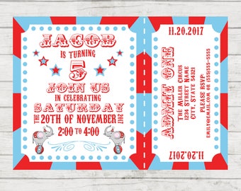 Circus Carnival Theme Birthday Party Invitation - Circus Party - Carnival Party - Elephants - Ticket Style - Red and Blue - Printable