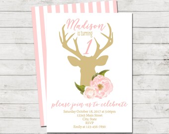 Deer Birthday Party Invitation - Deer Birthday Invitation - Flowers - Blush Pink and Gold - Stripes BACKSIDE INCLUDED - Printable