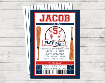 Baseball Birthday Party Invitation - Baseball Birthday - Red and Blue - Ticket Style - Pin Stripe BACKSIDE INCLUDED - Printable