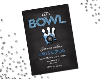 Bowling Party Invitation - Let's Bowl - Blue Glitter and Chalkboard - DIY - Printable
