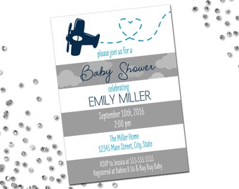 Airplane Baby Shower Invitation - Large Grey and White Stripes - Printable
