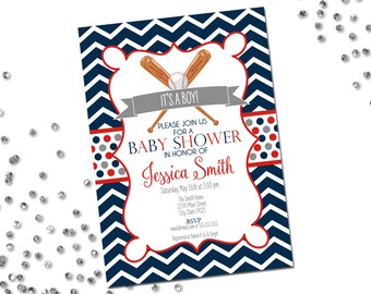 Baseball Baby Shower Invitation - Baseball Baby Shower - Chevron Stripes - Navy Blue Red and Grey - Printable