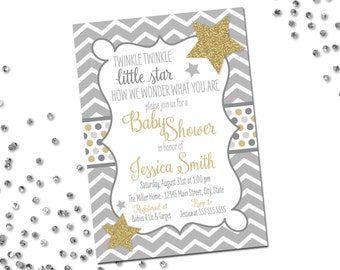 Twinkle Twinkle Little Star Baby Shower Invitation - How We Wonder What You Are - Stars - Chevron Stripes Polka Dots - Grey Gold - Printable