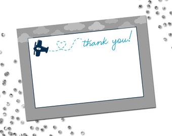 Thank You Note - Airplane Baby Shower - Grey Cloud Border - INSTANT DOWNLOAD - Printable