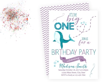 Whale First Birthday Party Invitation - The Big One - Teal Blue and Purple - Chevron Stripes BACKSIDE INCLUDED - Printable