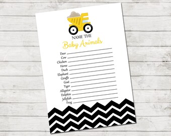 Baby Animals Game - Construction Baby Shower - Baby Shower Game - Chevron Stripes - Yellow and Black - INSTANT DOWNLOAD - Printable