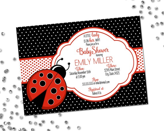 Ladybug Baby Shower Invitation - Little Lady is On Her Way - Lady Bug - Polka Dots - Red and Black - Printable Il_570xn