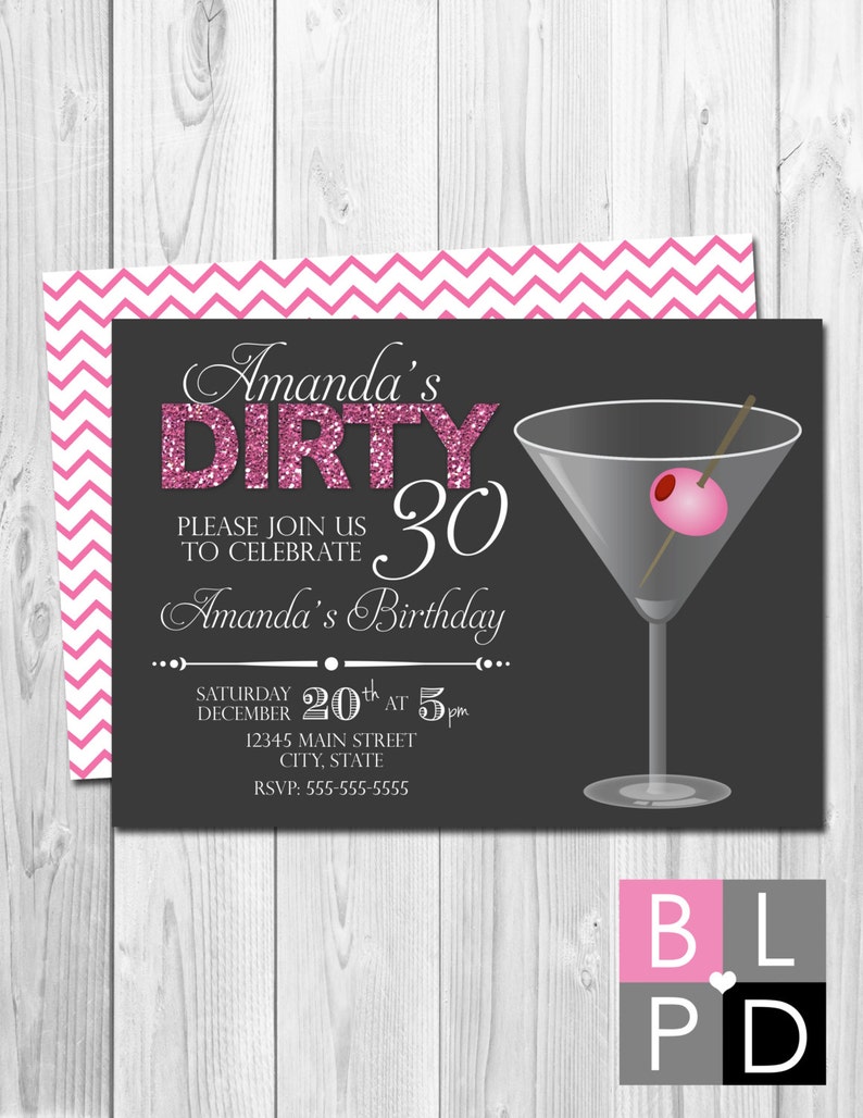 Dirty Thirty Birthday Party Invitation Dirty 30 Pink Chevron Stripes BACKSIDE INCLUDED DIY Printable image 1