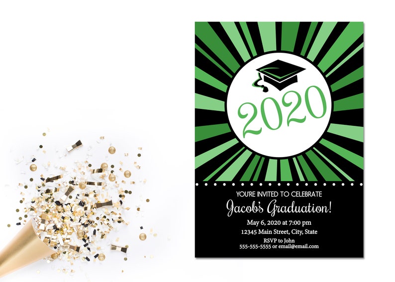 Graduation Party Invitation Class of 2020 High School Graduation College Graduation Green Black White Digital Email Printable image 1