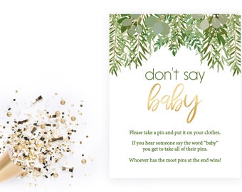 Don't Say Baby Game - Green Leaves and Gold Baby Shower - Greenery - INSTANT DOWNLOAD - Printable