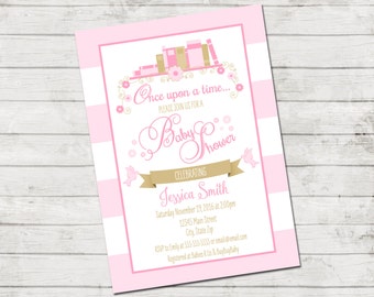 Storybook Baby Shower Invitation - Book Baby Shower - Storybook Theme - Story Book - Pink and Gold - - Stripes - Printable