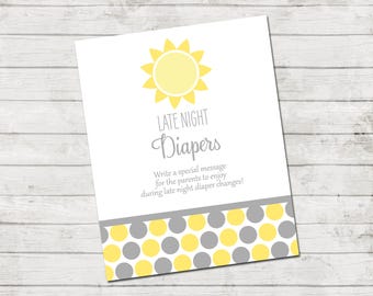 Late Night Diapers - Sunshine Baby Shower - Baby Shower Game - Sunshine and Polka Dots - Yellow and Gray - INSTANT DOWNLOAD - Printable