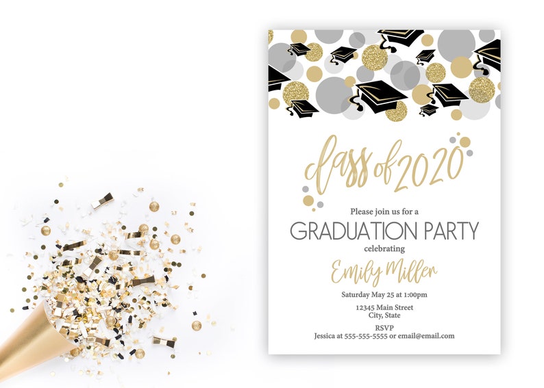 Graduation Party Invitation Class of 2020 High School Graduation College Graduation Gold Gray Confetti Digital Email Printable image 1