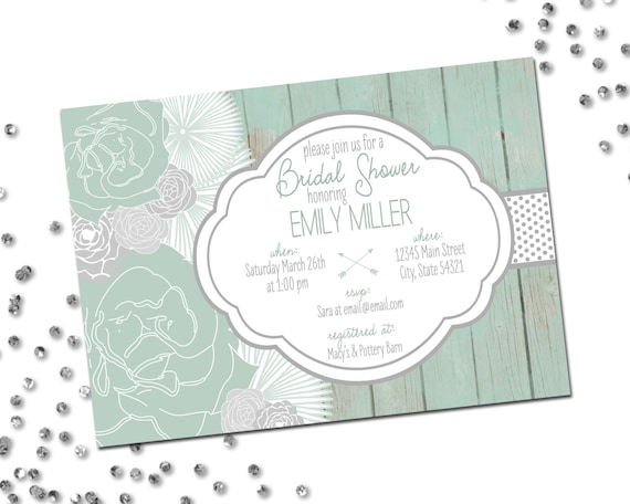Bridal Shower Invitation - Flowers - Floral Bridal Shower - Grey and Mint Green - Wood Background - Printable Il_570xn
