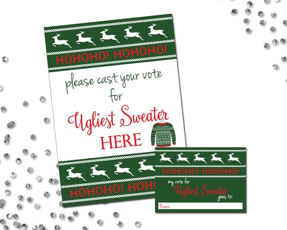 Ugly Sweater Party Voting Sign and Cards - Ugly Sweater Holiday Party - Ugly Sweater Pattern - Green Red White - INSTANT DOWNLOAD Printable Il_570xn