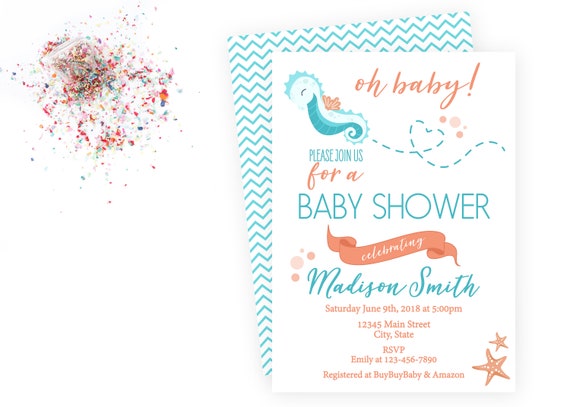 Seahorse Baby Shower Invitation - Under the Sea Baby Shower - Seahorse - Teal Turquoise Orange - Chevron Stripes BACKSIDE INCLUDED Printable Il_570xn