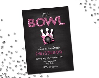 Bowling Party Invitation - Let's Bowl - Pink Glitter and Chalkboard - DIY - Printable