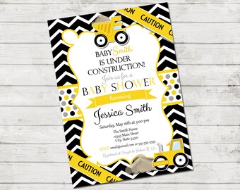 Construction Baby Shower Invitation - Under Construction - Chevron Stripes and Polka Dots - Black Yellow Grey - Printable