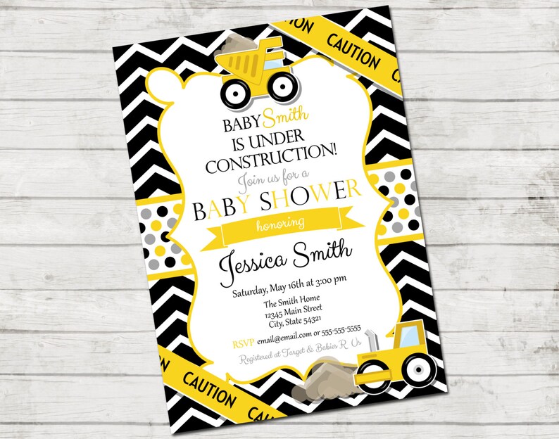 Construction Baby Shower Invitation Under Construction Chevron Stripes and Polka Dots Black Yellow Grey Printable image 1