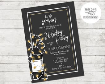 Company Holiday Party Invitation - Company Christmas Party - Wine Invitation - Wine and Lights - Gold Gray White - Printable