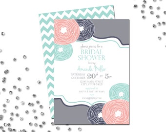 Bridal Shower Invitation - Grey Blue and Peach - Flowers - Chevron Stripe BACKSIDE INCLUDED - Printable