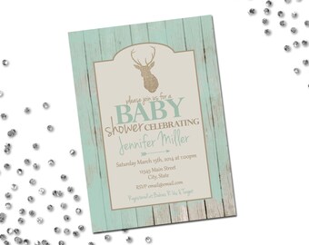 Rustic Deer Baby Shower Invitation - Burlap Deer Wood Background - Tan Cream and Blue Green - DIY - Printable