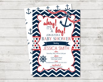 Nautical Baby Shower Invitation - Ahoy It's a Boy - Large Chevron Stripes - Red Navy Grey - Anchors BACKSIDE INCLUDED - Printable
