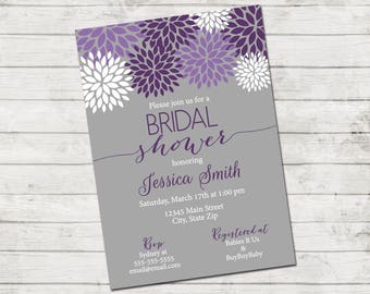 Bridal Shower Invitation - Purple White and Gray Bridal Shower - Purple & White Flowers - DIY - Printable