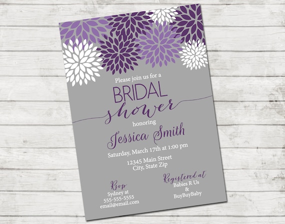 Bridal Shower Invitation - Purple White and Gray Bridal Shower - Purple & White Flowers - DIY - Printable Il_570xn
