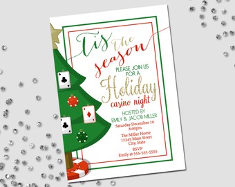 Holiday Party Invitation - Casino Holiday Party - Casino Night - Christmas Party - Portrait - Red Green - Printable