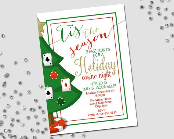 Holiday Party Invitation - Casino Holiday Party - Casino Night - Christmas Party - Portrait - Red Green - Printable Il_570xn