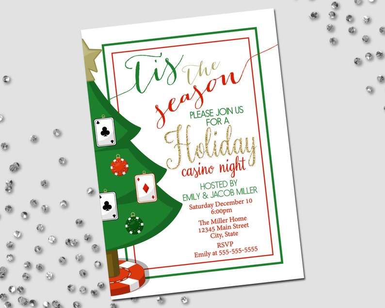 Holiday Party Invitation Casino Holiday Party Casino Night Christmas Party Portrait Red Green Printable image 1