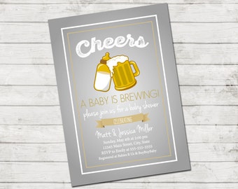 Baby is Brewing Baby Shower Invitation - Bottles and Beer - A Baby is Brewing - Baby Shower - Gold White and Grey - Stripes - Printable