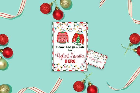 Ugly Sweater Party Voting Sign and Cards - Ugly Sweater Holiday Party - Christmas Lights - Red and Green - INSTANT DOWNLOAD - Printable Il_570xn