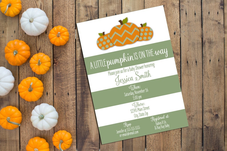 Little Pumpkin Baby Shower Invitation Pumpkin Baby Shower Large Green Stripes Printable image 1