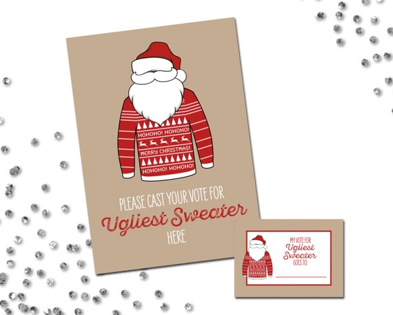 Ugly Sweater Party Voting Sign and Cards - Ugly Sweater Holiday Party - Santa Sweater - Red Tan White - INSTANT DOWNLOAD - Printable Il_570xn