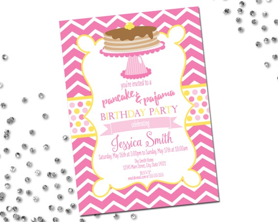 Pancake & Pajama Birthday Party Invitation - Slumber Party Invitation - Pancake Invitation - Chevron Stripes - Pink and Yellow - Printable Il_570xn