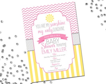 You Are My Sunshine Baby Shower Invitation - Yellow Grey and Pink Stripes and Chevron Stripes - Printable