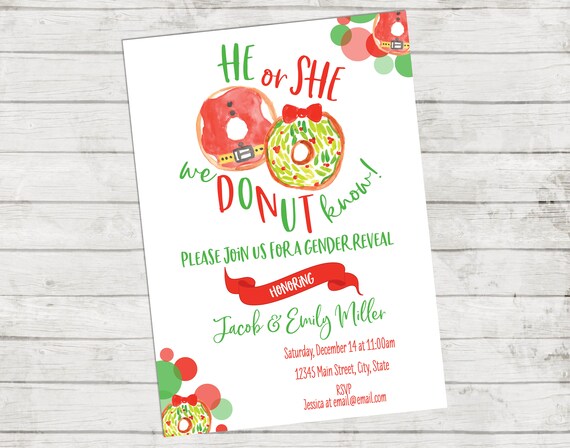 He or She Donut Invitation - Christmas Gender Reveal Invitation - Holiday Winter - Gender Reveal Shower - Red Green - Printable Il_570xn