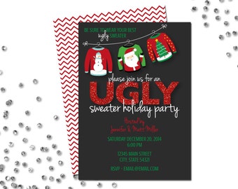 Ugly Sweater Holiday Party Invitation 2 - Ugly Sweater Party - Red Green and White - Dark Grey Background - BACKSIDE INCLUDED - Printable