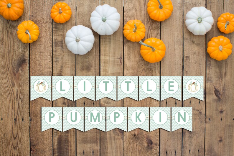 INSTANT DOWNLOAD Little Pumpkin Banner Pumpkin Baby Shower Greens and Gold Large Chevron Stripes Printable image 1