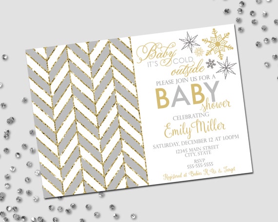 Baby It's Cold Outside Baby Shower Invitation - Snowflakes - Winter Baby Shower - Herringbone - Silver Grey Gold and White - Printable Il_570xn